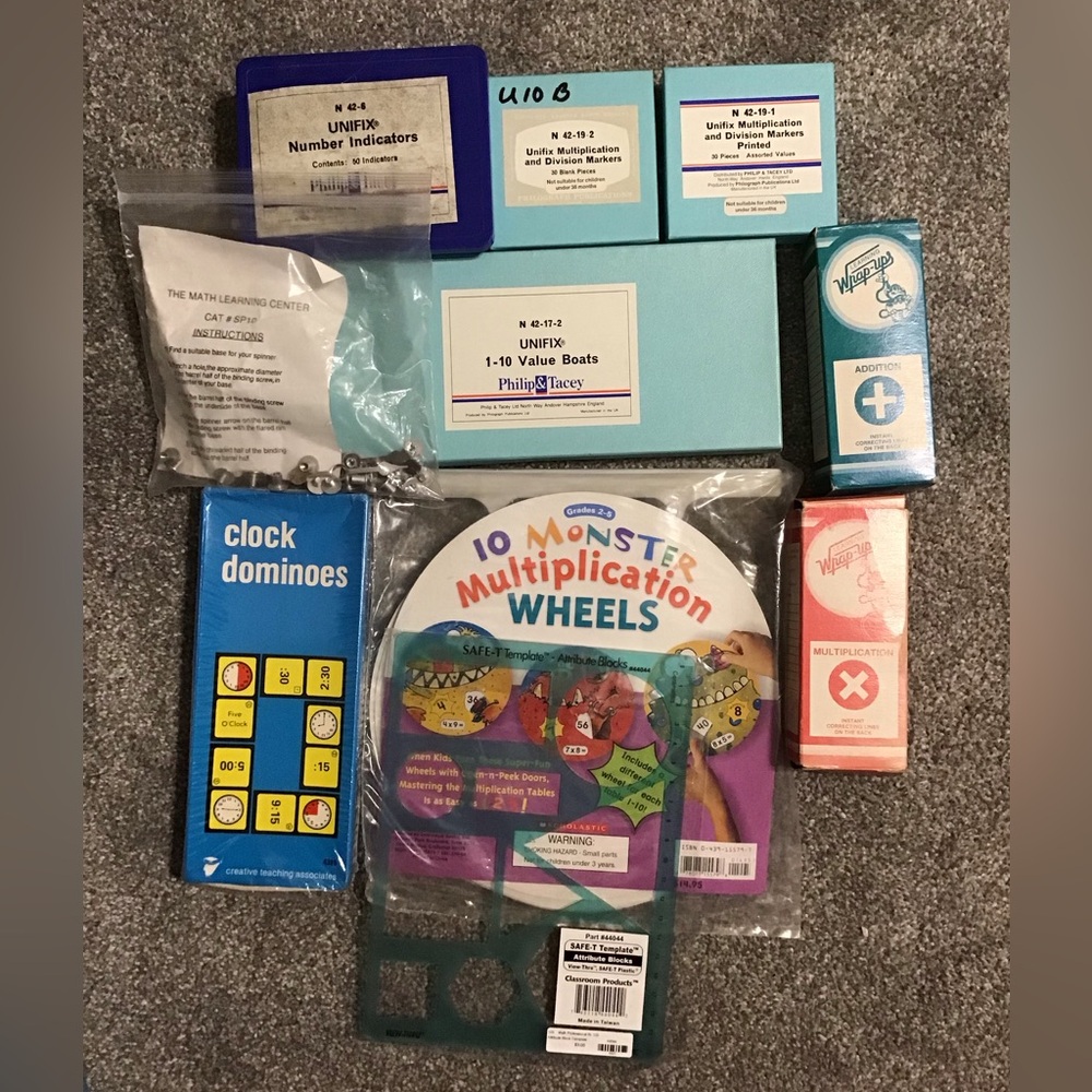 Clock Dominos, Learning Wrap-Ups X & +, math learning center spinners, UNIFIX